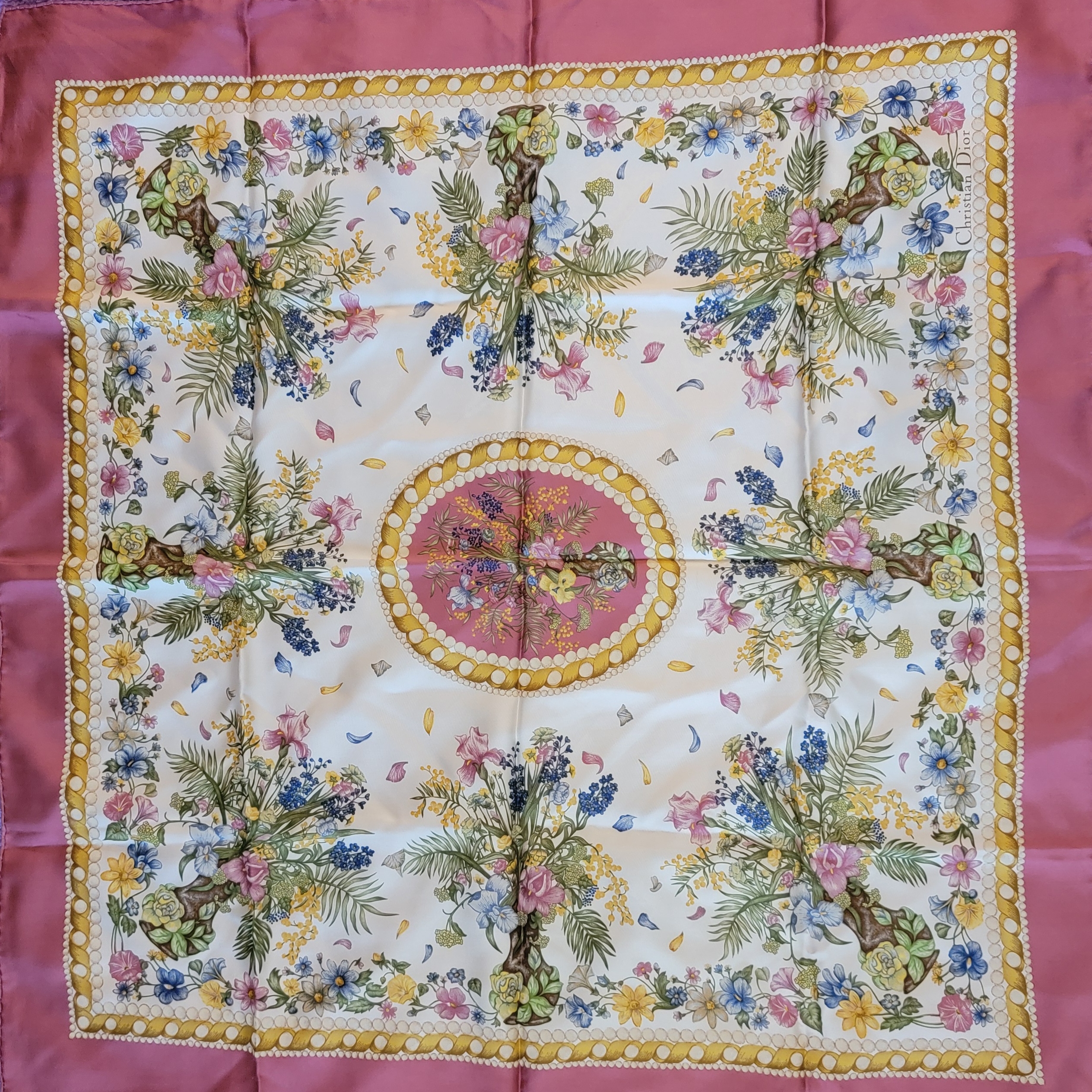 Auth Vintage Christian Dior Floral Silk Scarf With Pink And Yellow Accents